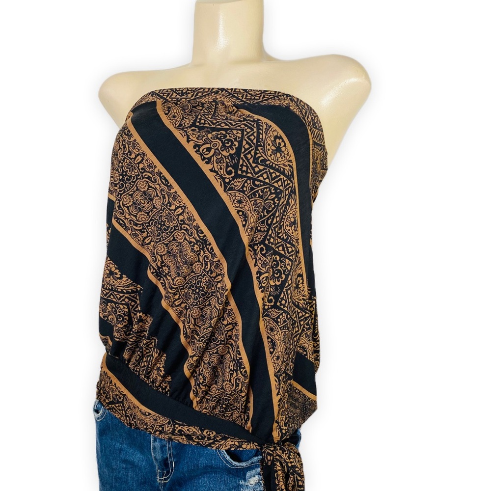 Strapless Printed Tube Top Tie Waist Boho Chic Stretch Small